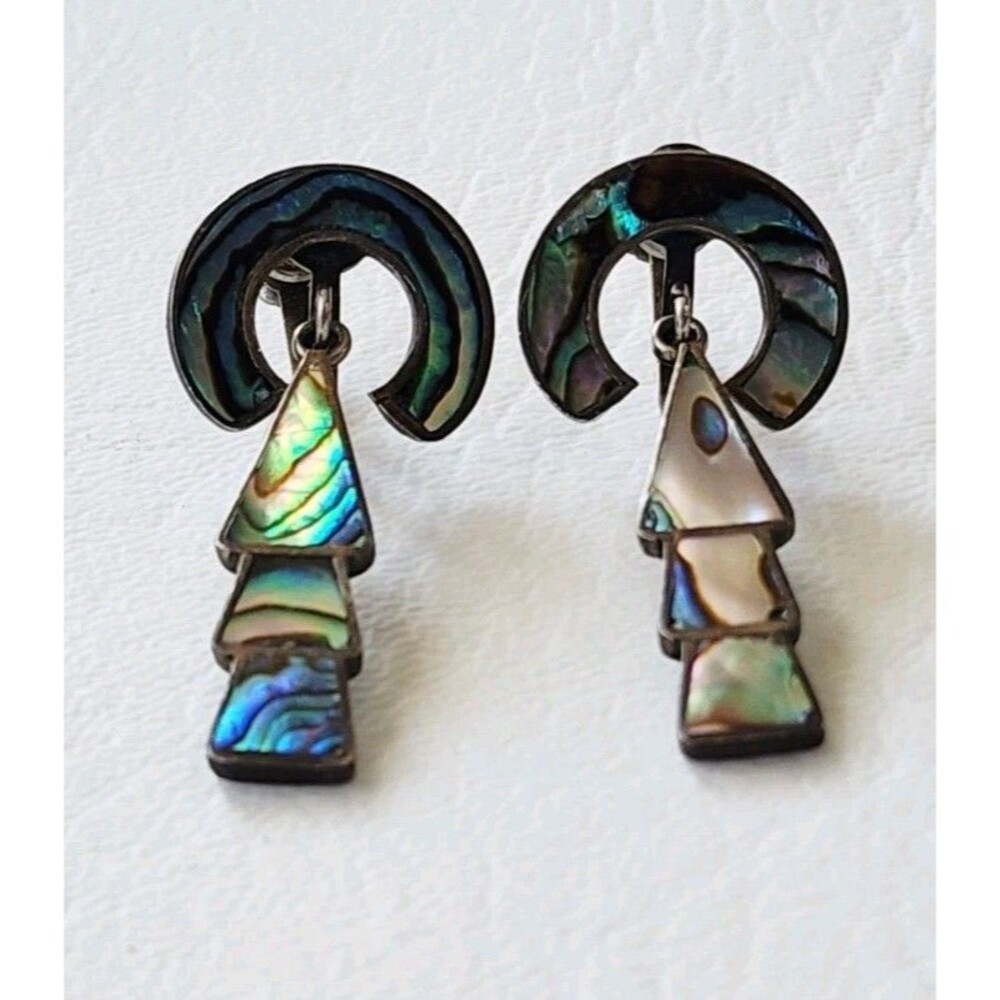 Vintage Taxco Sterling Silver signed marked AM & Abalone screw back Earrings 8g